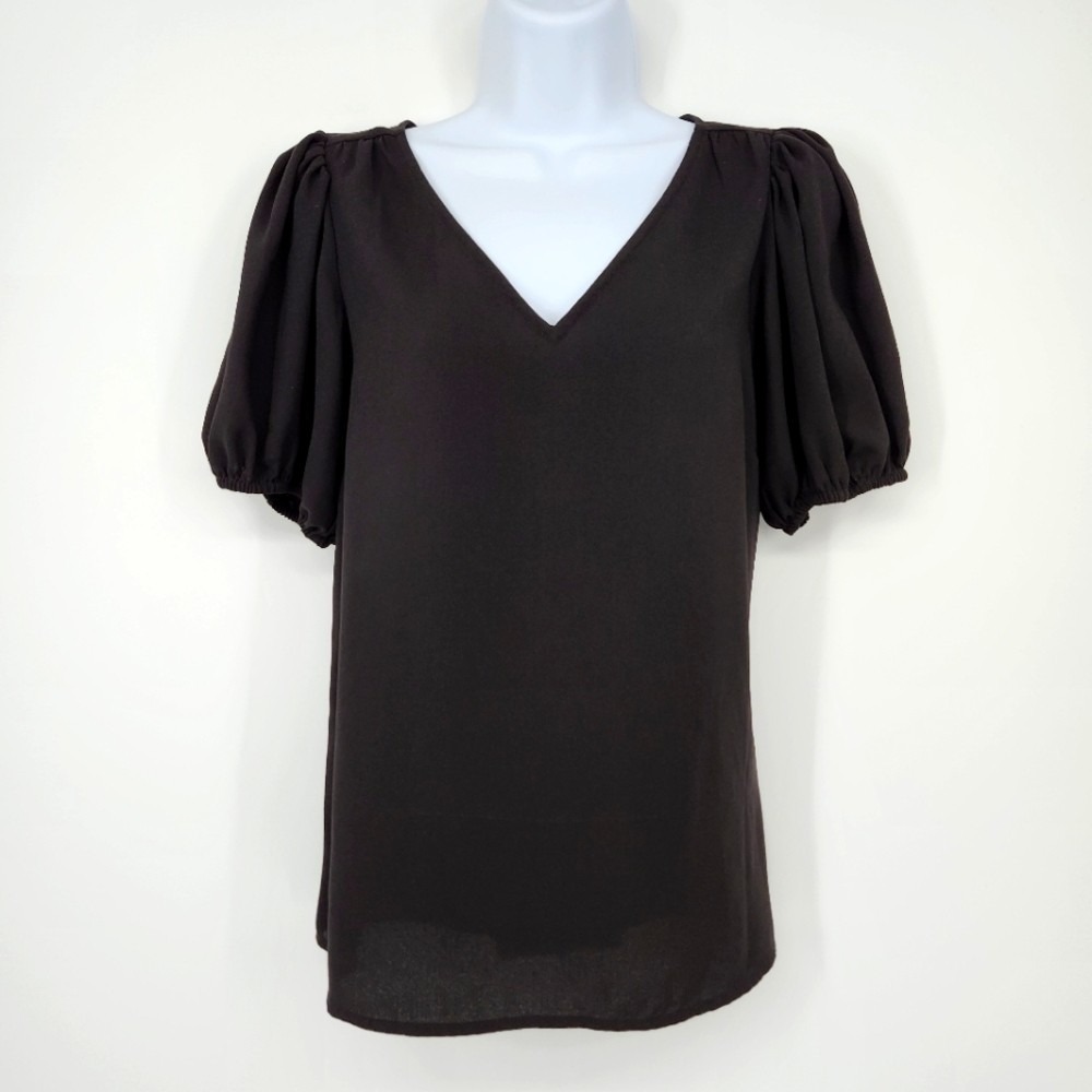 LC Lauren Conrad Womens Puff Sleeve Crepe Top Size XS Black Feminine Chic Career